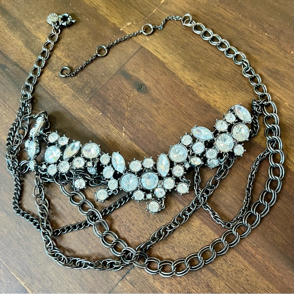 J Crew Gunmetal Chains and Crystal Necklace